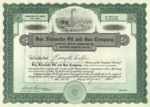 San Fernando Oil and Gas Co. - 1920 dated Oil Stock Certificate