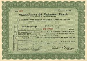 Ontario-Alberta Oil Explorations Limited - Stock Certificate