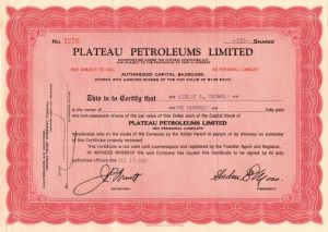 Plateau Petroleums Limited - Canadian Oil Stock Certificate