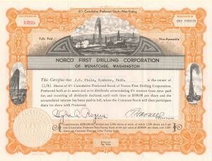 Norco First Drilling Corporation - 1940 dated Oil Stock Certificate - Wenatchee, Washington