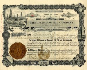 Paragon Oil Co. of Beaumont, Texas - Stock Certificate