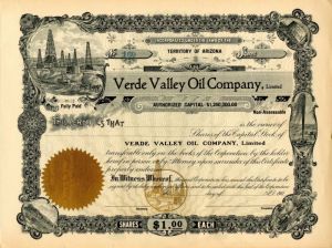 Verde Valley Oil Co., Limited - 1900's dated Arizona Territory Oil Stock Certificate