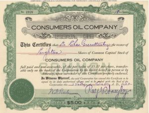 Consumers Oil Co. - Stock Certificate