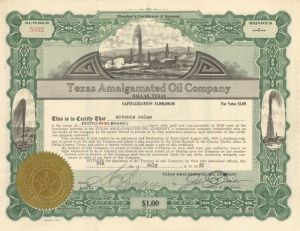 Texas Amalgamated Oil Co. - 1920 dated Stock Certificate - Part of the Texas Oil Boom