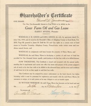 Greer Farm Oil and Gas Lease - Stock Certificate