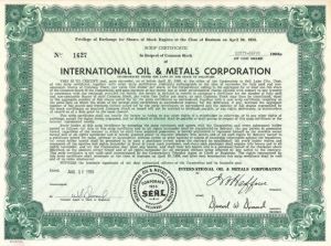 International Oil and Metals Corporation - 1956 dated Commodities Stock Certificate