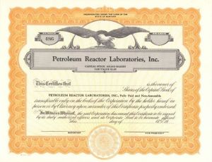 Petroleum Reactor Laboratories, Inc. - Stock Certificate