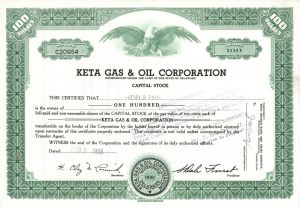 Keta Gas and Oil Corp. - 1950's dated Oil Stock Certificate - Relating to Swan-Finch Oil Corp.