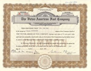Victor-American Fuel Co. - 1962 dated Stock Certificate - Very Interesting History