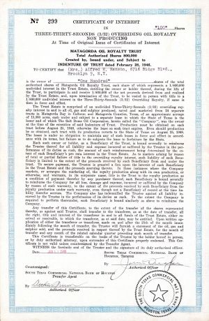 Matagorda Oil Royalty Trust - 1946-1948 Oil Stock Certificate
