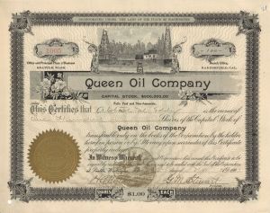 Queen Oil Co. - 1902 Oil Stock Certificate