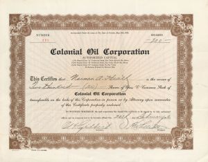 Colonial Oil Corp. - 1930 dated Stock Certificate