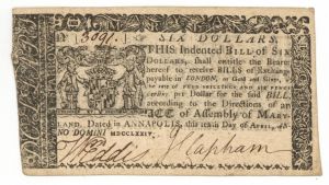 Colonial Paper Money - Maryland - Eight Dollars dated April 10, 1774 - Very Fine Condition