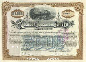 Atchison, Topeka and Santa Fe Railroad - 1889 dated $5,000 Railway Gold Bond