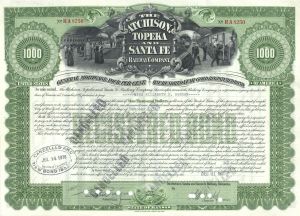 Atchison, Topeka and Santa Fe Railway - Green Type - 1970's dated Gorgeous $1,000 Kansas Railroad Bond