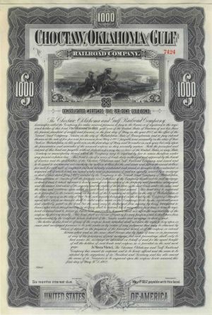 Choctaw, Oklahoma and Gulf Railroad Co. - 3 Full Pages of Coupons & Two Indian Vignettes - 1902 dated Unissued $1,000 Railway Gold Bond