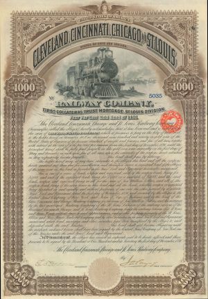 Cleveland, Cincinnati, Chicago and St. Louis Railway - $1,000 Railroad Gold Bond - Illinois, Indiana, Michigan & Ohio