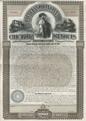 Cleveland, Cincinnati, Chicago and St. Louis Railway Co. - $1,000 Unissued Railroad Bond - Also Known as the Big Four Railroad