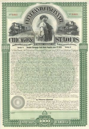 Cleveland, Cincinnati, Chicago & St. Louis Railway Co. - 1893 dated $1,000 Unissued Railroad Gold Bond - Also Known as the Big Four Railroad