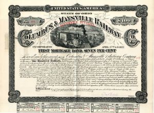 Columbus and Maysville Railway Co. - Southern Division - Unissued 1877 $100 7% Railroad Bond