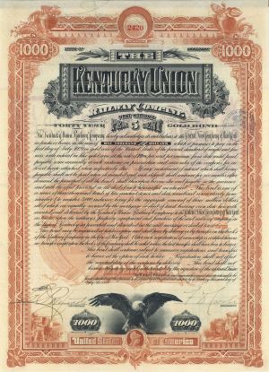 Kentucky Union Railway - Railroad Gold Bond (Uncanceled) dated 1888