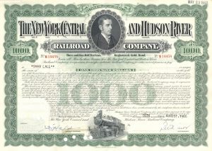 New York Central & Hudson River Railroad - 1910-70's dated $1,000 Railway Gold Bond - Vignette of Cornelius Vanderbilt II