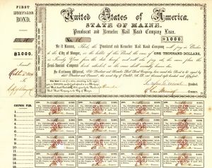 Penobscot and Kennebec Railroad Co. State of Maine - $1,000 Bond