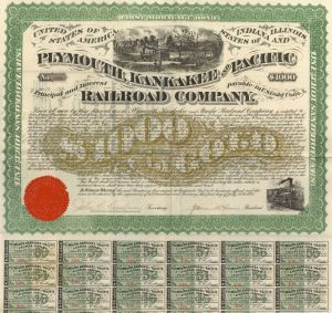 Plymouth, Kankakee and Pacific Railroad Co. - $1,000 Railway Gold Bond (Uncanceled)