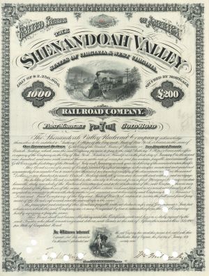 Shenandoah Valley Railroad Co. - 1879 dated $1,000/£200 Railway 7% Gold Bond - Great History