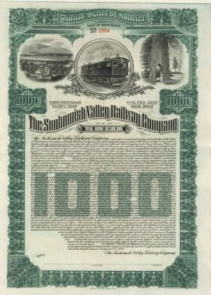 Snohomish Valley Railway Co. - dated 1906 Gorgeous Unissued $1,000 5% Railroad Gold Bond - Payable in Gold Coin