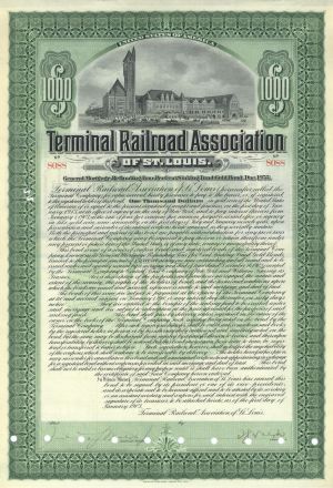 Terminal Railroad Association of St. Louis - 1903 dated $1,000 Railway 4% Gold Bond - Missouri History