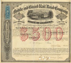 Mobile and Girard Railroad - 1860's dated $500 Railway Bond - Great Early Graphics with Washington Revenue