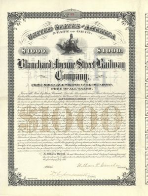 Blanchard Avenue Street Railway - $1,000 Ohio Gold Bond (Uncanceled)