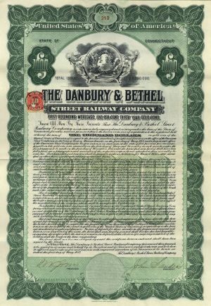 Danbury and Bethel Street Railway Co. - $1,000 5% 30 Year Gold Railroad Bond with Coupons