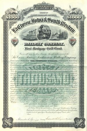 Lacrosse, Iowa and South Western Railway - $1,000 Uncancelled Gold Bond (Uncanceled)