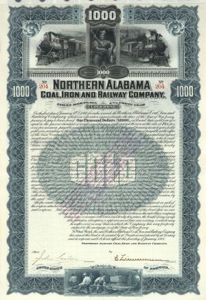 Northern Alabama Coal, Iron and Railway Co. - 1900 dated $1,000 5% Railroad Gold Bond (Uncanceled)