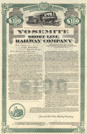 Yosemite Short Line Railway Co. - 1905 dated $100 California Railroad Bond (Uncanceled)