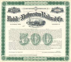 Mobile and Northwestern Railroad Co. - $500 Mississippi Railway Receiver's Certificate