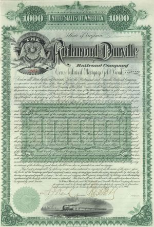 Richmond and Danville Railroad - dated 1886 Virginia Railway Gold Bond (Uncanceled)