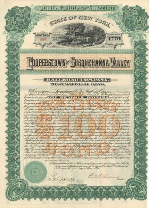 Cooperstown and Susquehanna Valley Railroad - Bond (Uncanceled) - 1888 dated Baseball Hall of Fame