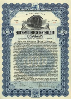 Salem and Pennsgrove Traction Co - $1,000 Railroad Gold Bond (Uncanceled)