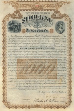 Shore Line Railway Co. - 1890 dated Canadian Railroad Bond (Uncanceled)