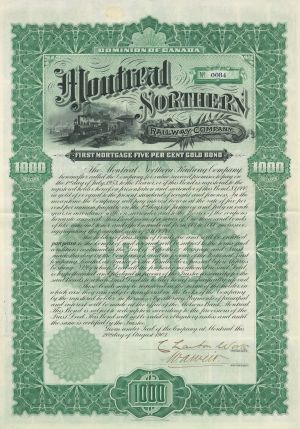 Montreal Northern Railway - 1903 dated $1,000 Uncanceled Canadian Railroad Gold Bond