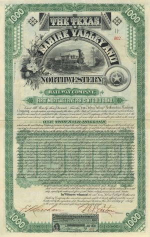Texas Sabine Valley and Northwestern Railway - 1888 dated Texas $1,000 Bond