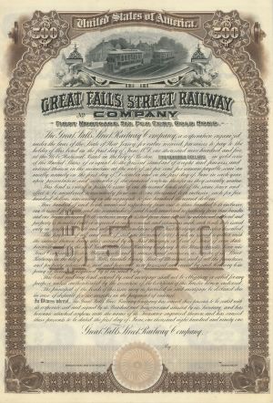 Great Falls Street Railway Co. - 1891 dated $500 Specimen Railroad Gold Bond