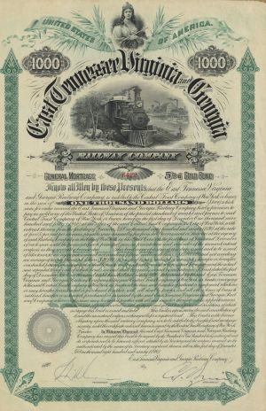 East Tennesse, Virginia and Georgia Railway - $1,000 Bond (Uncanceled)