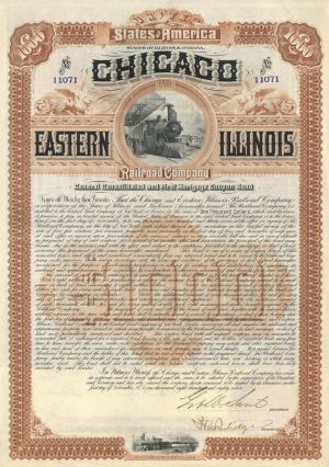Chicago and Eastern Illinois Railroad Co. - 1887 dated $1,000 Railway Bond
