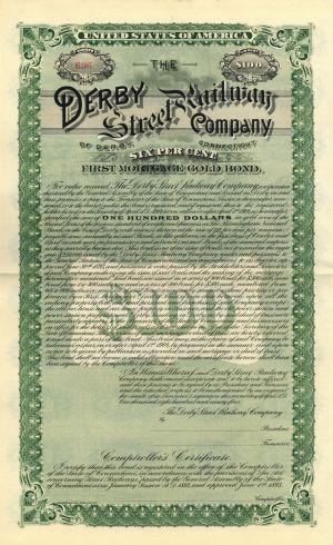 Derby Street Railway - $100 Railroad Gold Unissued Bond