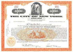 $1,000 Bond City of New York dated 1960's-70's - For Rapid Transit Railroad Purposes - Indian Vignette