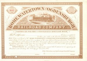 Rome, Watertown and Ogdensburgh Railroad - Unissued Railway Certificate for First Consolidated Mortgage Bond